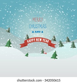 Greeting card Merry Christmas and happy new year with Santa claus and bag with gifts. Christmas tree in the snow. Flat style.