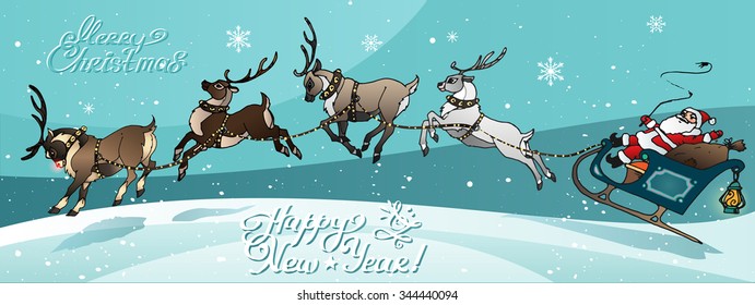 greeting card Merry Christmas and Happy New Year, Santa in a sleigh, reindeer, cartoon style, vector