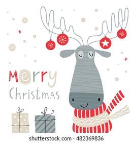 Greeting card: Merry Christmas and Happy New Year. Creative hand drawn card with cute moose. Vector cartoon illustration.