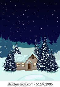 Greeting card. Merry Christmas and Happy New Year! Night winter landscape with fir in the snow, small house and starry sky.