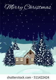 Greeting card. Merry Christmas and Happy New Year! night winter landscape with fir in the snow, small house and starry sky.