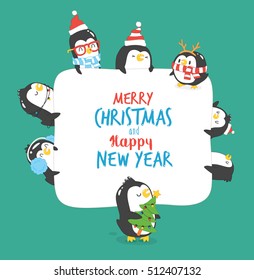Greeting card Merry Christmas   Happy New Year  Funny penguin wishes to you happy holidays  Vector illustration  Use for card  poster  banner  web design   print t  shirt  Easy to edit 