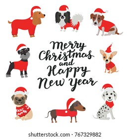  Tarjeta de felicitación.Feliz Navidad y Feliz Año Nuevo. Perros disfrazados Santa Claus