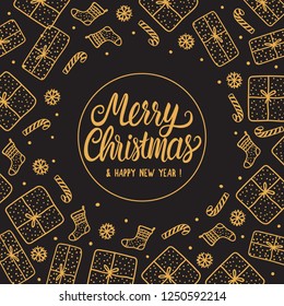 Greeting card Merry Christmas holiday with gold Lettering inscription. Hand drawn Gift box and santa sock, candy cane on dark background.