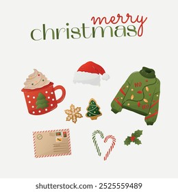 Greeting card for Merry Christmas and New Year. Sweater, ginger cookies, cocoa, etc. Illustration for poster, banner, card, postcard, cover. EPS 10 