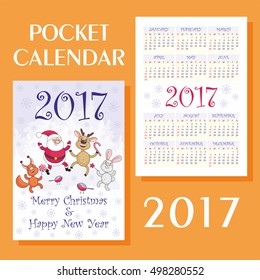 Greeting card merry Christmas and New Year with the image of funny animals and Santa Claus. Pocket calendar 2017.