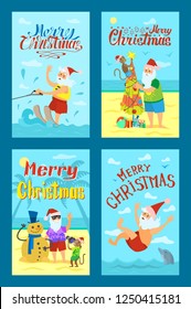 Greeting card Merry Christmas with Santa Claus and monkey in red hat. Swimming and wakeboarding, making photos and fir-tree with snowman vector icons