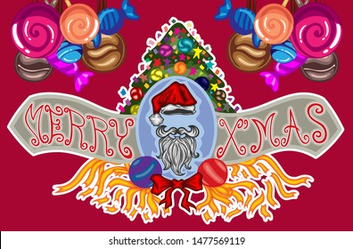 Greeting card with Merry Christmas Santa hat and mustache Red background lettering hand-drawn vintage style tree,ribbon and candy elements design vector illustration