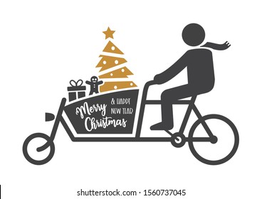 greeting card merry christmas shopping. Cargo bike with christmas tree gifts and gingerbread. Simpel Vector illustration