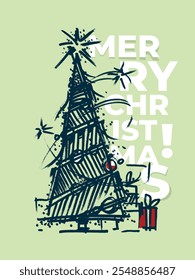 Greeting card MERRY CHRISTMAS. Stylized Christmas tree drawn with rough, sketch-like lines. Tree is decorated and topped with a star  