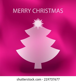 greeting card merry christmas with transparent tree and star on pink satin background