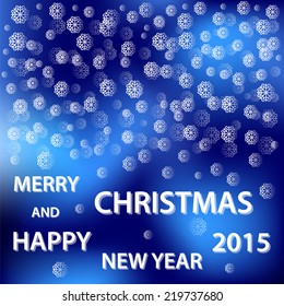 greeting card merry christmas with transparent snowflakes on blue night winter sky background