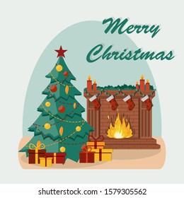 Greeting card Merry Christmas. Vector Christmas illustration with fireplace and Christmas fir. Gifts. Flat style.