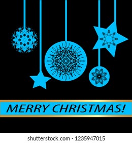 Greeting card "Merry Christmas" Vintage golden style. Decorative, abstract, elements, frame patterns on a black background. A star, garland,ball, snowflake, ribbon with the inscription