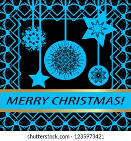 Greeting card "merry Christmas" in vintage blue style. Decorative, abstract, elements, frames, gold patterns on black background. Star, garland, ball, snowflake, ribbon with the inscription