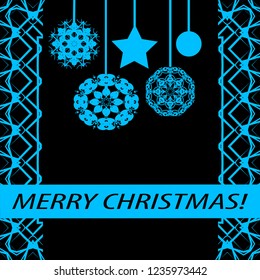 Greeting card "merry Christmas" in vintage blue style. Decorative, abstract, elements, frames, gold patterns on black background. Star, garland, ball, snowflake, ribbon with the inscription