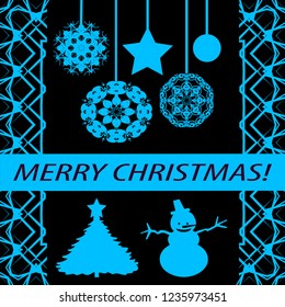 Greeting card "merry Christmas" in vintage blue style. Decorative, abstract, elements, frames, gold patterns on black background. Star, garland, ball, snowflake, ribbon with the inscription