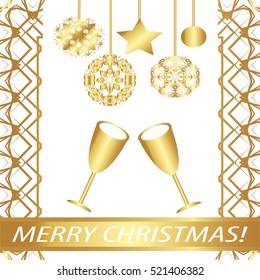 Greeting card "Merry Christmas !" Vintage golden style..Decorative,abstract,elements,frame, gold patterns on a white background.A  glass,star,garland,ball,snowflake, ribbon with the inscription
