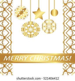 Greeting card "Merry Christmas !" Vintage golden style..Decorative,abstract,elements,frame, gold patterns on a white background.A  star, garland, ball, snowflake, ribbon with the inscription
