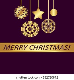 Greeting card "Merry Christmas !" Vintage golden style..Decorative,abstract,elements on a purple background.A  star, garland, ball, snowflake, ribbon with the inscription
