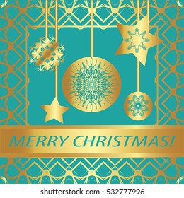 Greeting card "Merry Christmas !" Vintage golden style..Decorative,abstract,elements,frame, gold patterns on a mint background.A  star, garland, ball, snowflake, ribbon with the inscription

