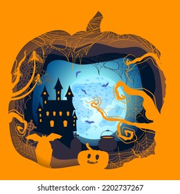 greeting card with merry halloween in the form of layered cut out sheets of paper with the image of a pumpkin, a castle, an old tree. cobwebs, a witch's cauldron, a tombstone, poisonous mushrooms, bat