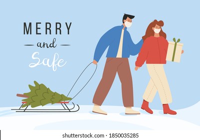 Greeting card. Merry and safe. Modern young couple carries Christmas tree on sled and presents and wearing face mask. Guy and girl with fir tree doing Xmas celebration shopping during pandemia. Vector