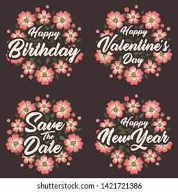 Greeting card message template for happy birthday, valentine's day, wedding and happy new year with flower wreath.