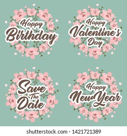 Greeting card message template for happy birthday, valentine's day, wedding and happy new year with flower wreath.