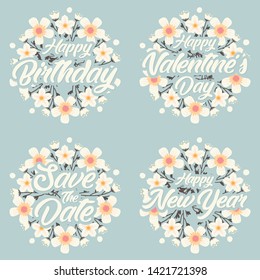 Greeting card message template for happy birthday, valentine's day, wedding and happy new year with flower wreath.