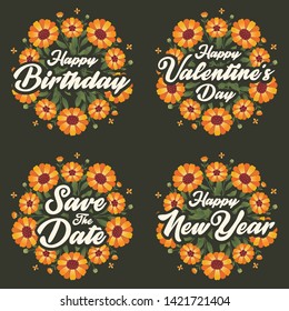 Greeting card message template for happy birthday, valentine's day, wedding and happy new year with flower wreath.