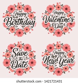 Greeting card message template for happy birthday, valentine's day, wedding and happy new year with flower wreath.