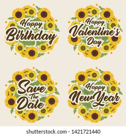 Greeting card message template for happy birthday, valentine's day, wedding and happy new year with flower wreath.