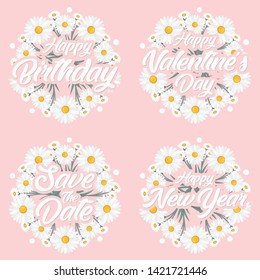 Greeting card message template for happy birthday, valentine's day, wedding and happy new year with flower wreath.