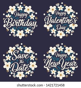 Greeting card message template for happy birthday, valentine's day, wedding and happy new year with flower wreath.