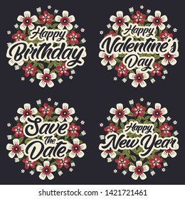 Greeting card message template for happy birthday, valentine's day, wedding and happy new year with flower wreath.