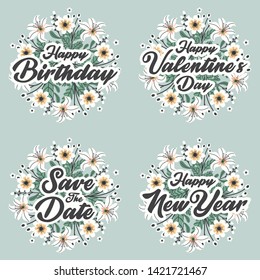 Greeting card message template for happy birthday, valentine's day, wedding and happy new year with flower wreath.