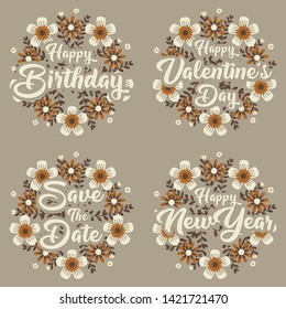 Greeting card message template for happy birthday, valentine's day, wedding and happy new year with flower wreath.