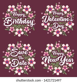 Greeting card message template for happy birthday, valentine's day, wedding and happy new year with flower wreath.