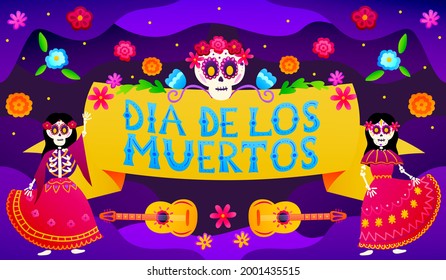 Greeting card for mexican holiday dia de los muertos festival with colourful lettering and dancing skeleton characters