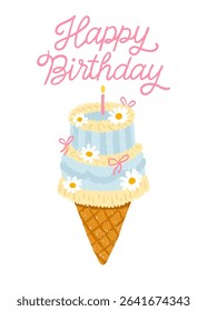 Greeting card with mini cake ice cream cone, daisies, candle and Happy Birthday lettering. Korean pastel bakery style. Vector isolated design for packaging, stickers and printables