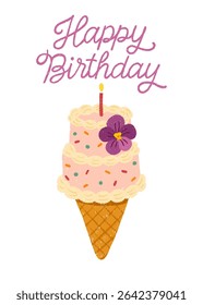 Cartão de saudação com mini bolo de sorvete cone e letras de feliz aniversário desenhadas à mão. Coreana tendência de padaria. Projeto isolado do vetor com geada pastel, vela, flor e polvilhos.