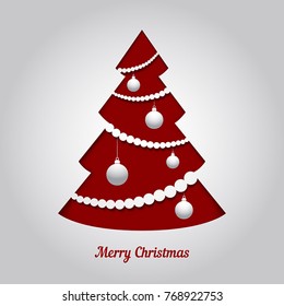 Greeting Card with minimal Christmas tree, decorations, decorated with balls. Merry Christmas and New Year card template, background. Traditional winter season holiday postcard.