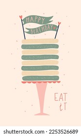 Greeting card with mint cake and lettering. Birthday cake flat icon isolated on background. Hand drawn vector illustration for print, card, banner, t shirt and another. 