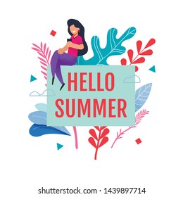 Greeting Card or Mobile Page with Hello Summer Text in Frame. Pretty Cartoon Smiling Woman Sitting and Chatting Social Media on Smartphone. Floral Design with Plant Leaves. Vector Flat Illustration