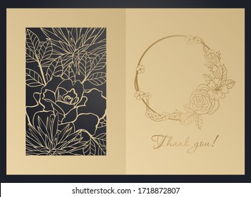 Greeting card mock up for laser cutting. Cover with delicate floral pattern. Die cutting, papercut.