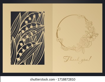 Greeting card mock up for laser cutting. Cover with delicate floral pattern. Die cutting, papercut.