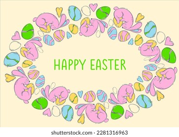 Greeting card mockup with decorative frame with easter bunnies and colored eggs on yellow background. Spring holiday with a hare and a decorated egg. Vector illustration in flat style.