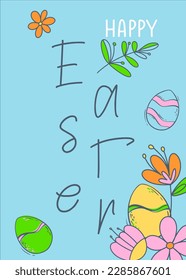 Greeting card mockup with Easter colored eggs and flowers with a congratulatory inscription. Spring holiday with plants and decorated eggs. Vector illustration in flat style.
