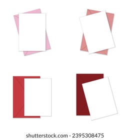 Greeting card mockup. Set of white vertical greeting cards on pink and red envelopes flat lay top view mockup template. Isolated on white background. Vector illustration.